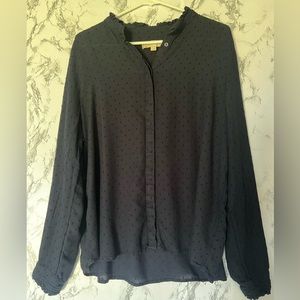 LOFT Navy Blue Swiss Dot Flowy Women's Blouse Classic Career Chic Dark Academia